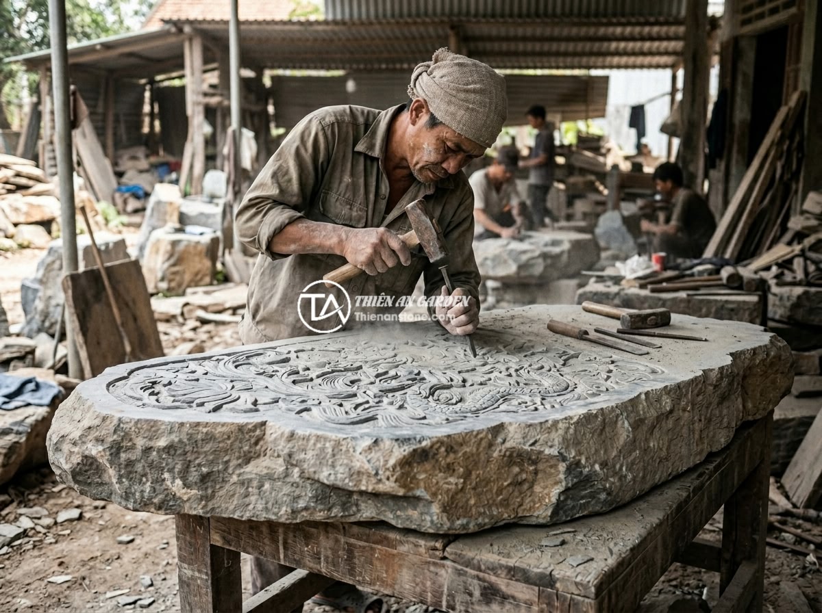 Top 10 Mẫu Sập Đá Đẹp Sang Trọng Nhất 2026 Dành Cho Biệt Thự Resort - Vietnamese stone artisans hand-carving intricate patterns on a large natural sto