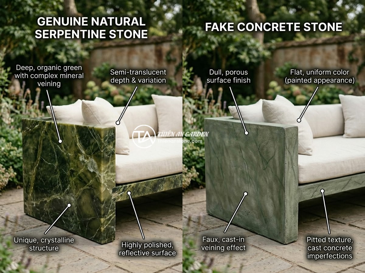 Top 10 Mẫu Sập Đá Đẹp Sang Trọng Nhất 2026 Dành Cho Biệt Thự Resort - A side-by-side comparison of genuine natural stone daybed and a fake concrete st