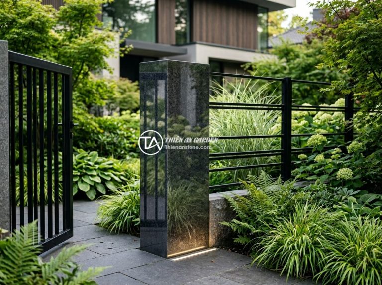 Top 10 Mẫu Trụ Đá Hàng Rào Đẹp Nhất 2026 Cho Biệt Thự Và Sân Vườn - Modern gray granite stone fence pillar with polished surface, installed at a con