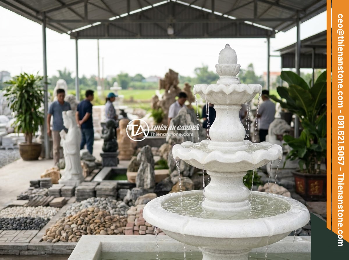 Top 12 Mẫu Đài Phun Nước Bằng Đá Đẹp Sang Trọng Cho Sân Vườn Biệt Thự 2026 - Showroom display of Da Canh Thien An stone company featuring various natural sto