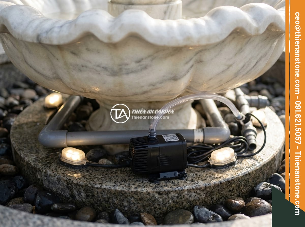 Top 12 Mẫu Đài Phun Nước Bằng Đá Đẹp Sang Trọng Cho Sân Vườn Biệt Thự 2026 - Close-up of a natural granite stone fountain mechanism showing water pump system