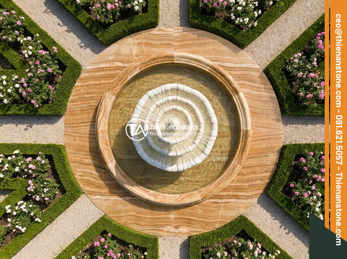 Top 12 Mẫu Đài Phun Nước Bằng Đá Đẹp Sang Trọng Cho Sân Vườn Biệt Thự 2026 - Top view of a three-tiered white marble classical fountain in a French-style vil