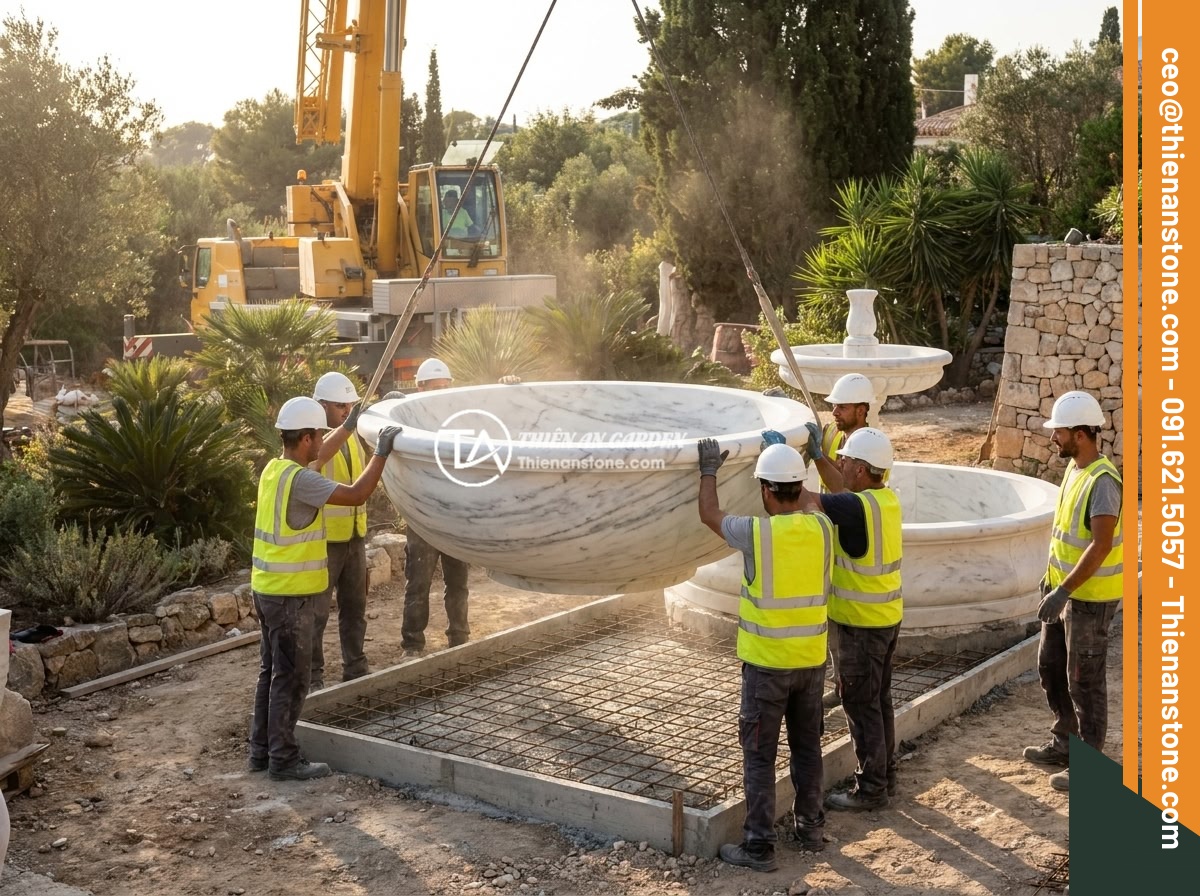 Top 12 Mẫu Đài Phun Nước Bằng Đá Đẹp Sang Trọng Cho Sân Vườn Biệt Thự 2026 - Professional construction team installing a large multi-tiered marble fountain i