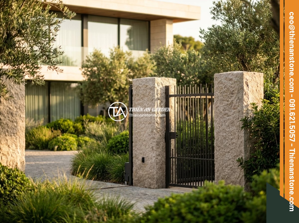 Top 7 Mẫu Trụ Cổng Hàng Rào Đá Đẹp Phù Hợp Biệt Thự Hiện Đại - Luxurious modern villa entrance with natural stone gate pillars, green landscape