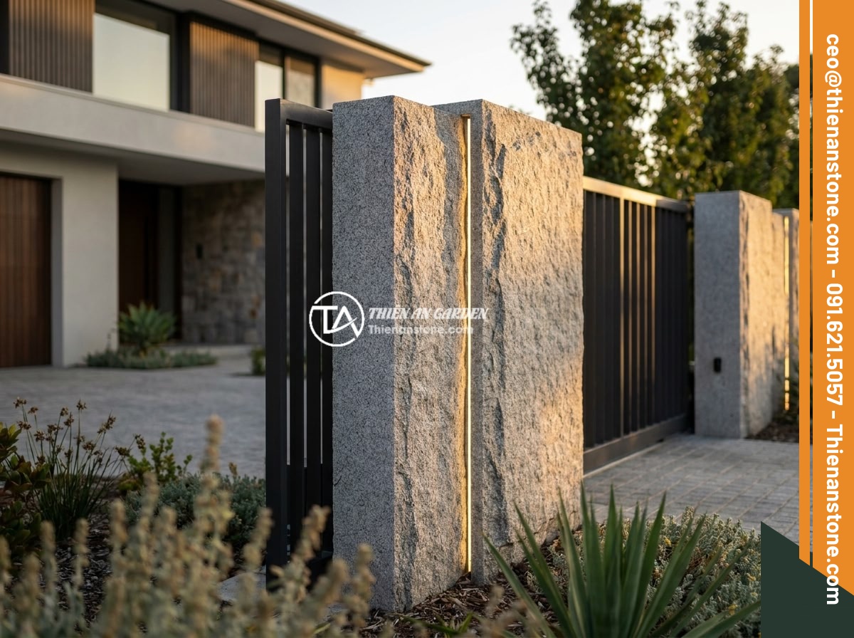 Top 7 Mẫu Trụ Cổng Hàng Rào Đá Đẹp Phù Hợp Biệt Thự Hiện Đại - Beautiful completed natural stone gate pillar project at modern villa, showing f