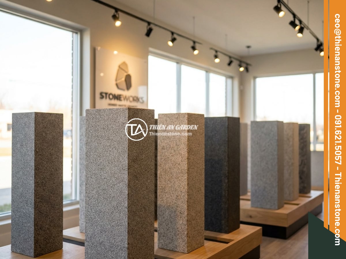 Top 7 Mẫu Trụ Cổng Hàng Rào Đá Đẹp Phù Hợp Biệt Thự Hiện Đại - Showroom display of various natural stone gate pillar samples, professional ligh