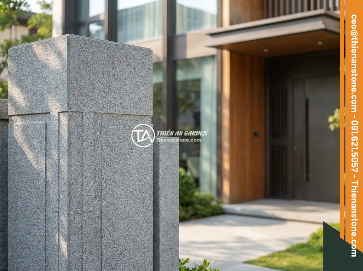 Top 7 Mẫu Trụ Cổng Hàng Rào Đá Đẹp Phù Hợp Biệt Thự Hiện Đại - Elegant natural stone gate pillar with proper proportions next to a modern villa