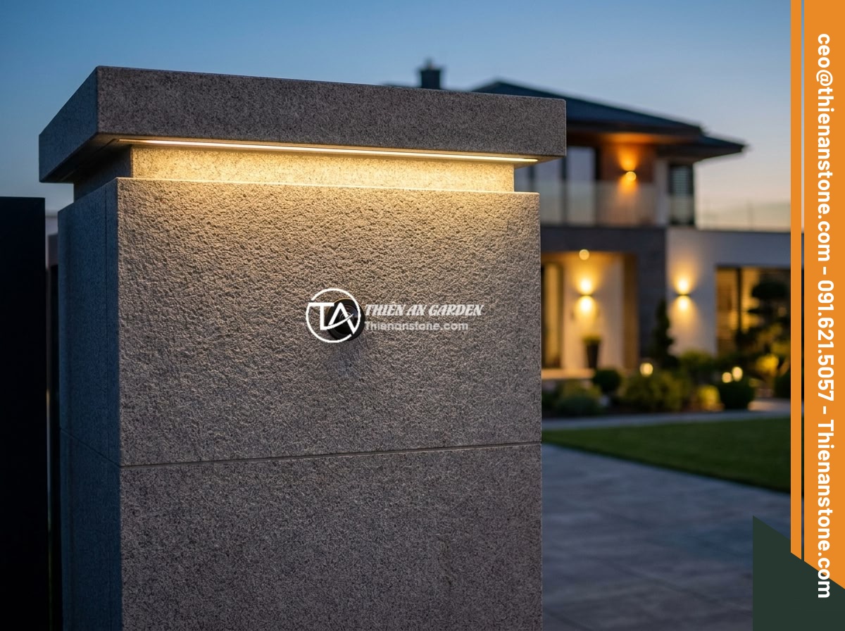 Top 7 Mẫu Trụ Cổng Hàng Rào Đá Đẹp Phù Hợp Biệt Thự Hiện Đại - Futuristic natural stone gate pillar with integrated smart home technology, hidd