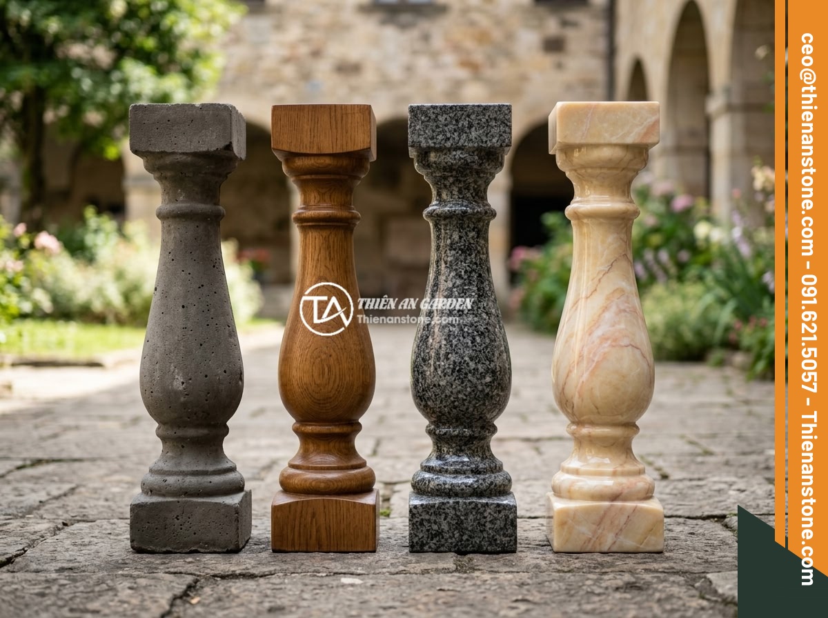 Top 8 Mẫu Lục Bình Đá Cẩm Thạch Đẹp Sang Trọng Nhất Cho Lan Can Biệt Thự 2026 - Hình 2 Top 8 Mẫu Lục Bình Đá Cẩm Thạch Đẹp Sang Trọng Nhất Cho Lan Can Biệt Thự 2026 - Comparison photo showing marble balusters, concrete balusters, granite balusters