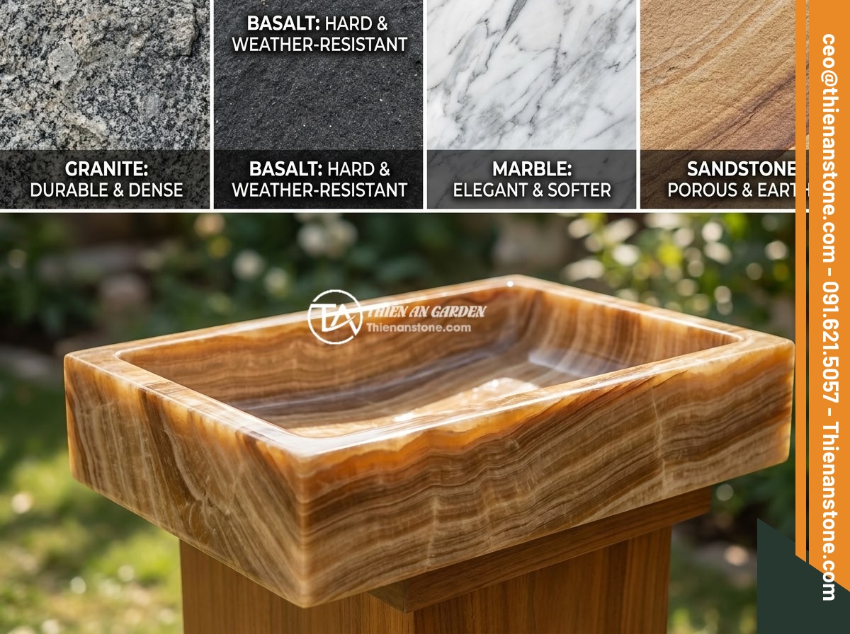 Top Lỗi Thường Gặp Với Đài Phun Nước Bằng Đá Và Cách Khắc Phục Hiệu Quả - Hình 14 Top Lỗi Thường Gặp Với Đài Phun Nước Bằng Đá Và Cách Khắc Phục Hiệu Quả - Comparison of different natural stone types for fountain construction including