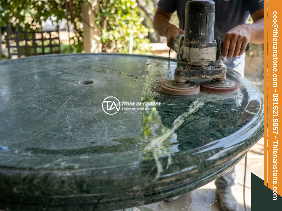 Top Lỗi Thường Gặp Với Đài Phun Nước Bằng Đá Và Cách Khắc Phục Hiệu Quả - Hình 8 Top Lỗi Thường Gặp Với Đài Phun Nước Bằng Đá Và Cách Khắc Phục Hiệu Quả - Professional stone polishing process on a granite fountain surface, showing poli