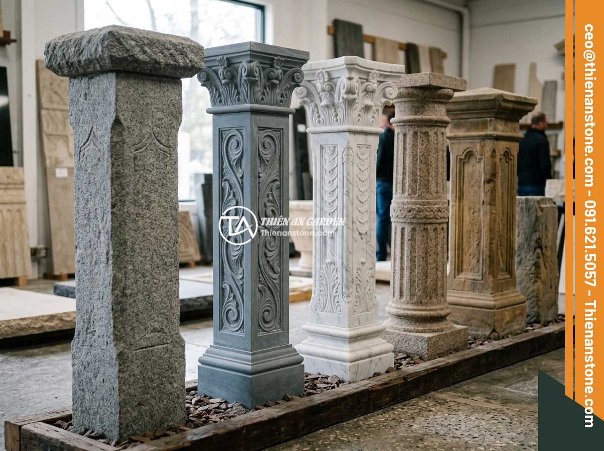 Trụ Đá Hàng Rào Giá Bao Nhiêu? Bảng Giá Cập Nhật Và Yếu Tố Ảnh Hưởng - Various types of natural stone fence pillars displayed in a showroom, including