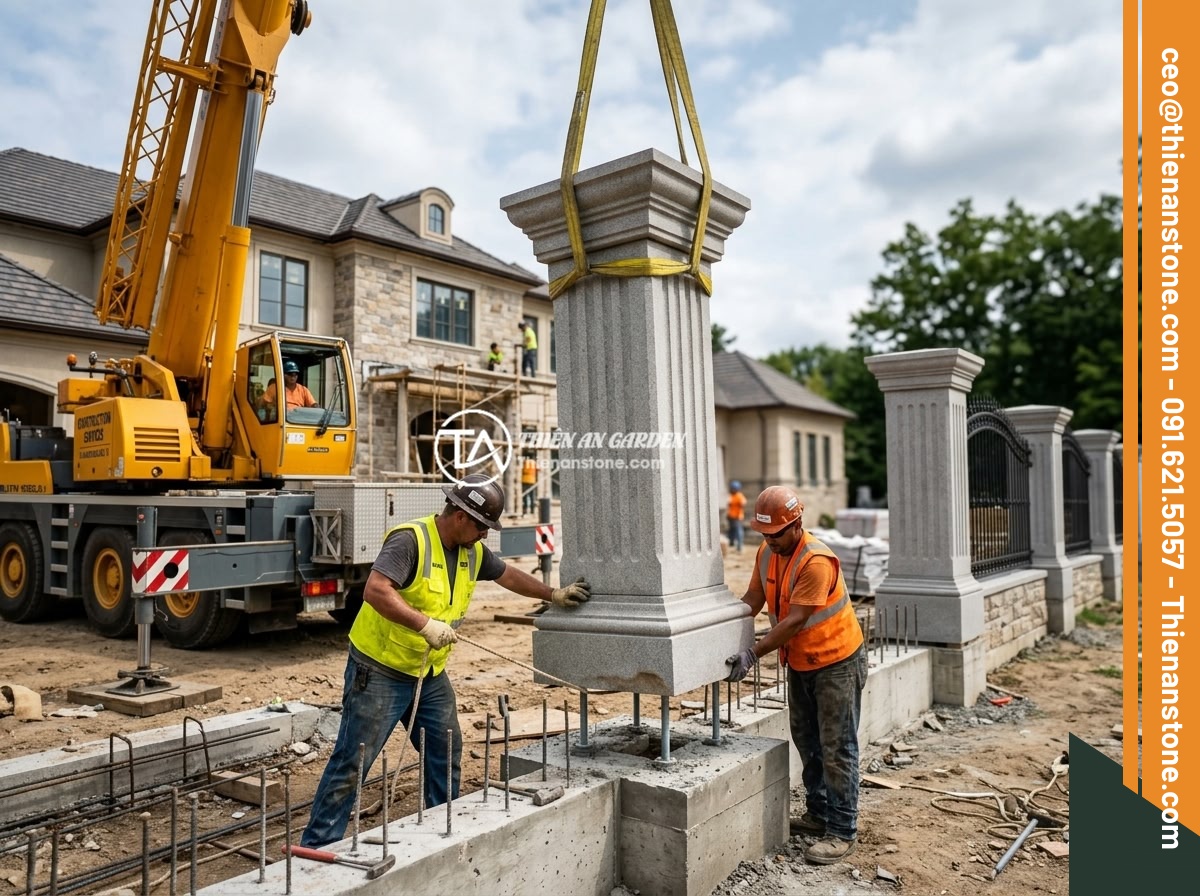 Trụ Đá Hàng Rào Giá Bao Nhiêu? Bảng Giá Cập Nhật Và Yếu Tố Ảnh Hưởng - Professional installation of stone fence pillars at a luxury villa construction 