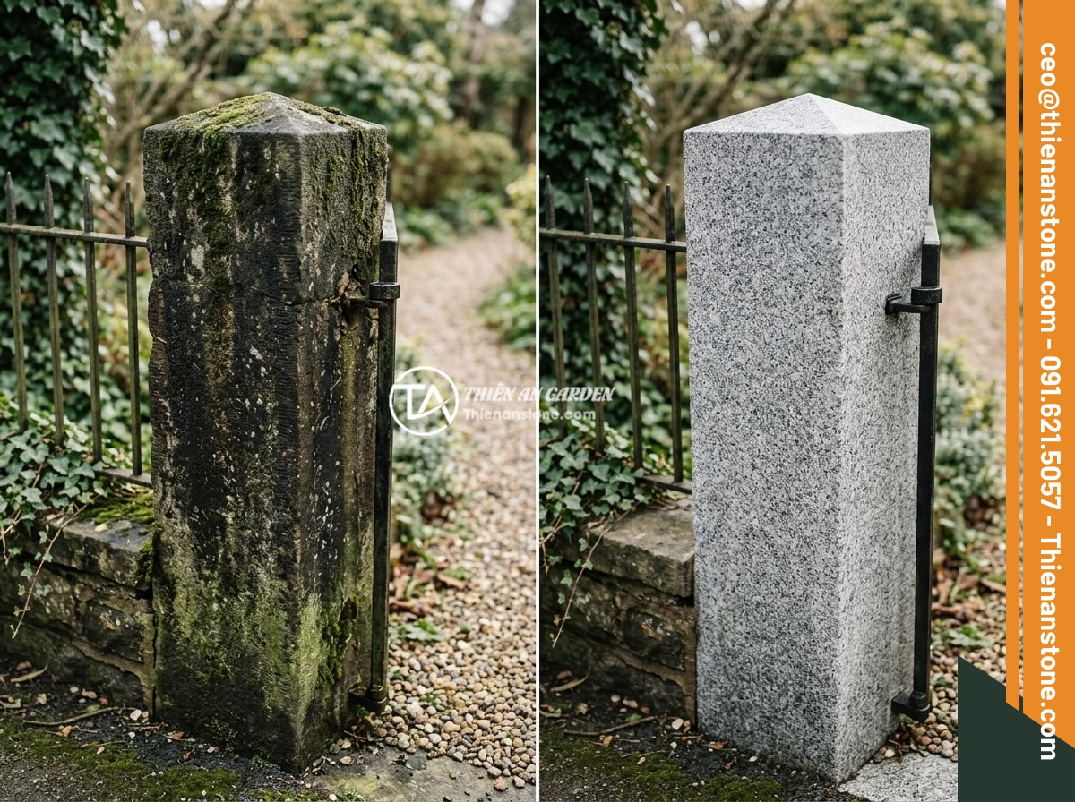 Trụ Đá Hàng Rào Giá Bao Nhiêu? Bảng Giá Cập Nhật Và Yếu Tố Ảnh Hưởng - Before and after photos of stone fence pillar maintenance, showing a moss-covere