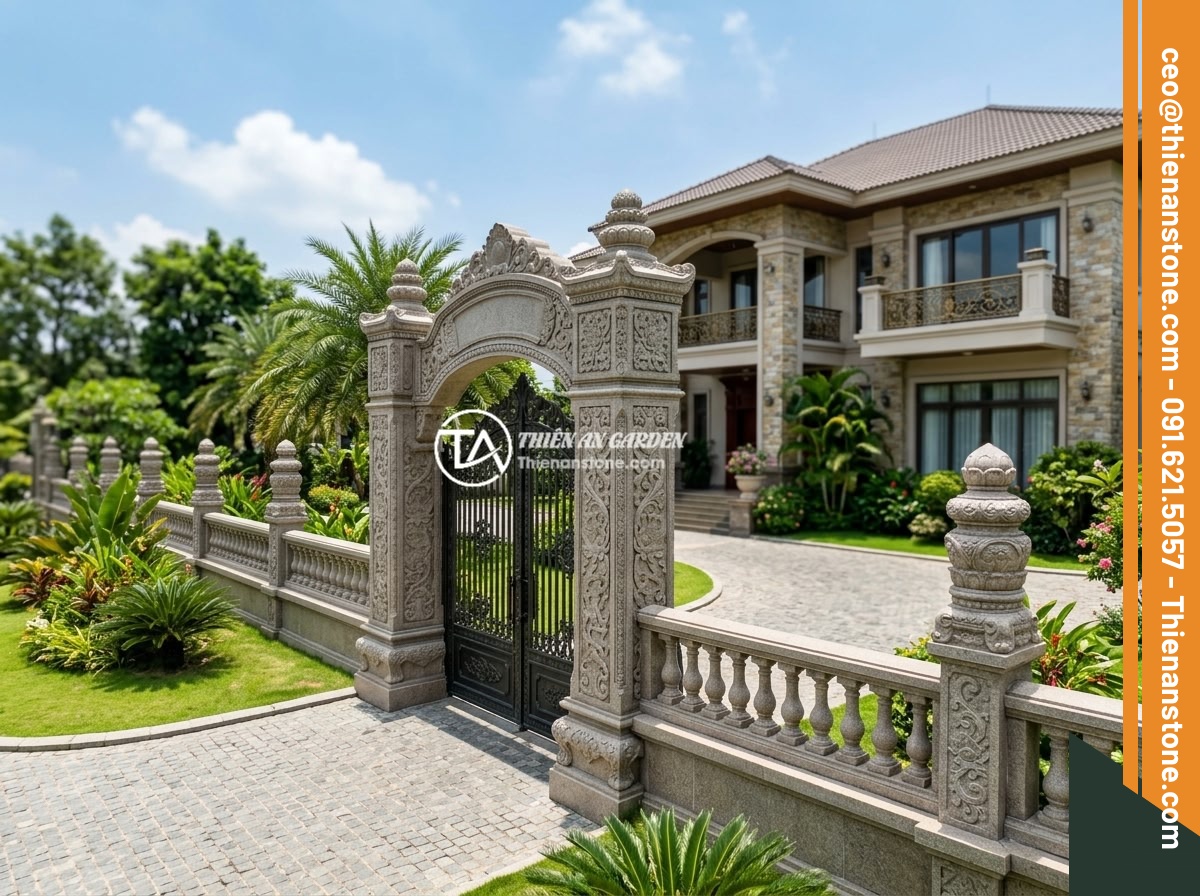 Trụ Đá Hàng Rào Giá Bao Nhiêu? Bảng Giá Cập Nhật Và Yếu Tố Ảnh Hưởng - Completed luxury villa exterior featuring an elegant natural stone fence system 