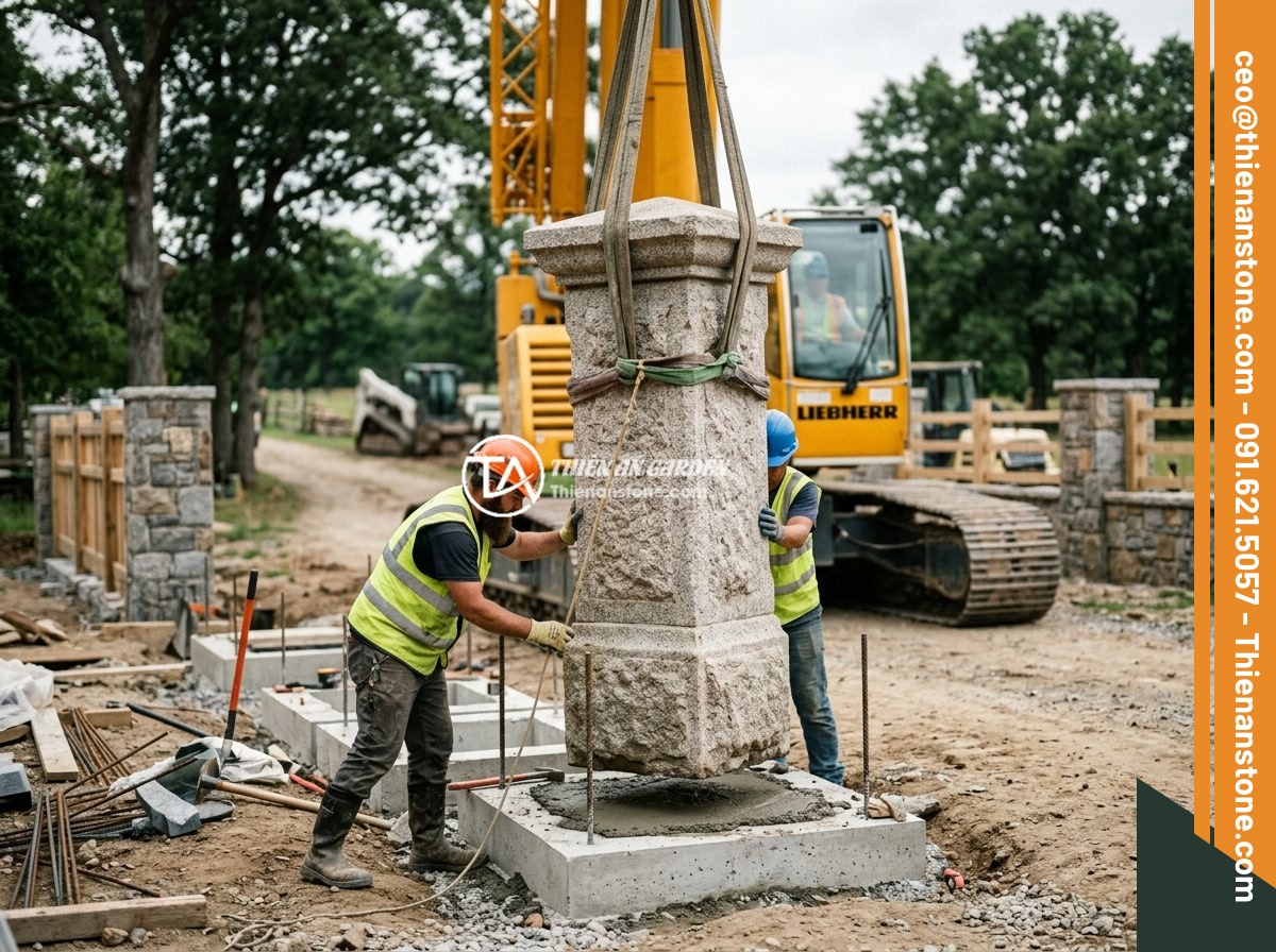 Trụ Đá Hàng Rào Giá Bao Nhiêu? Bảng Giá Cập Nhật Và Yếu Tố Ảnh Hưởng - Stone fence pillar transportation and installation process, showing workers usin