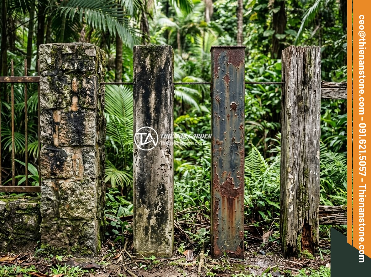 Trụ Đá Hàng Rào Giá Bao Nhiêu? Bảng Giá Cập Nhật Và Yếu Tố Ảnh Hưởng - Side by side comparison of four different fence pillar types - natural stone, co