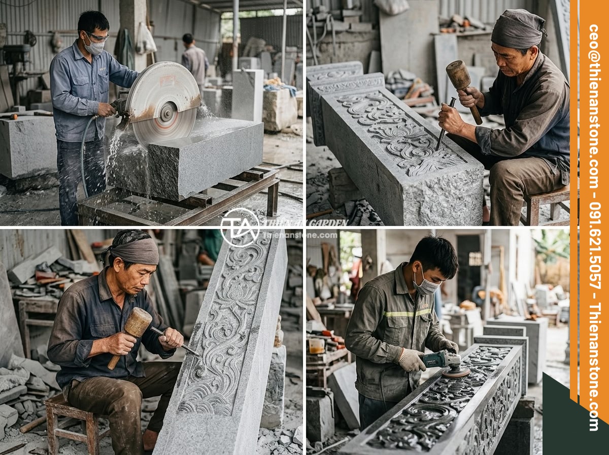 Trụ Đá Hàng Rào Giá Bao Nhiêu? Bảng Giá Cập Nhật Và Yếu Tố Ảnh Hưởng - Step-by-step stone fence pillar production process in a Vietnamese workshop, sho