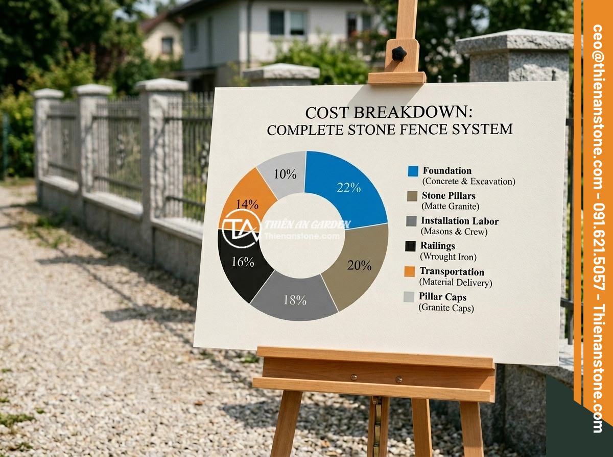 Trụ Đá Hàng Rào Giá Bao Nhiêu? Bảng Giá Cập Nhật Và Yếu Tố Ảnh Hưởng - A comprehensive cost breakdown diagram for a complete stone fence system, showin