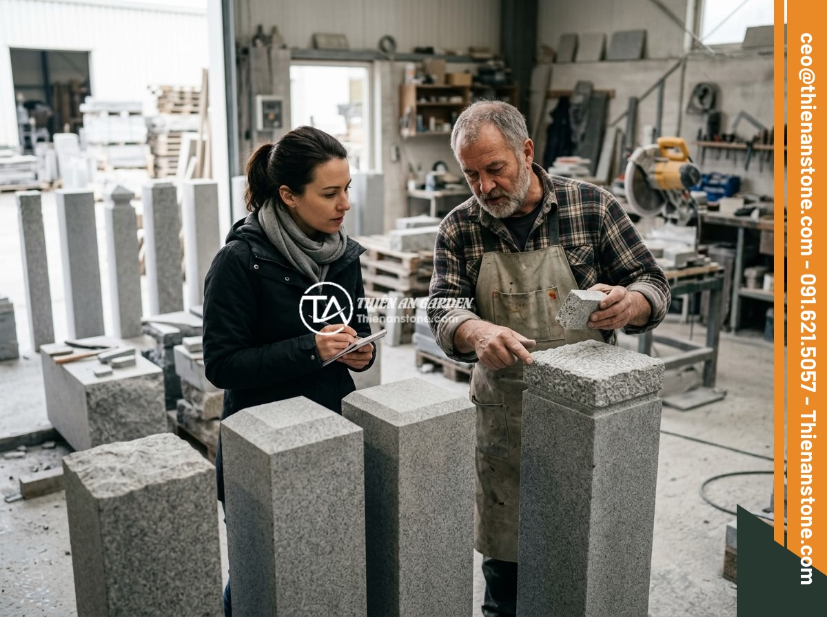 Trụ Đá Hàng Rào Giá Bao Nhiêu? Bảng Giá Cập Nhật Và Yếu Tố Ảnh Hưởng - A customer consulting with a stone craftsman at a workshop, examining sample sto