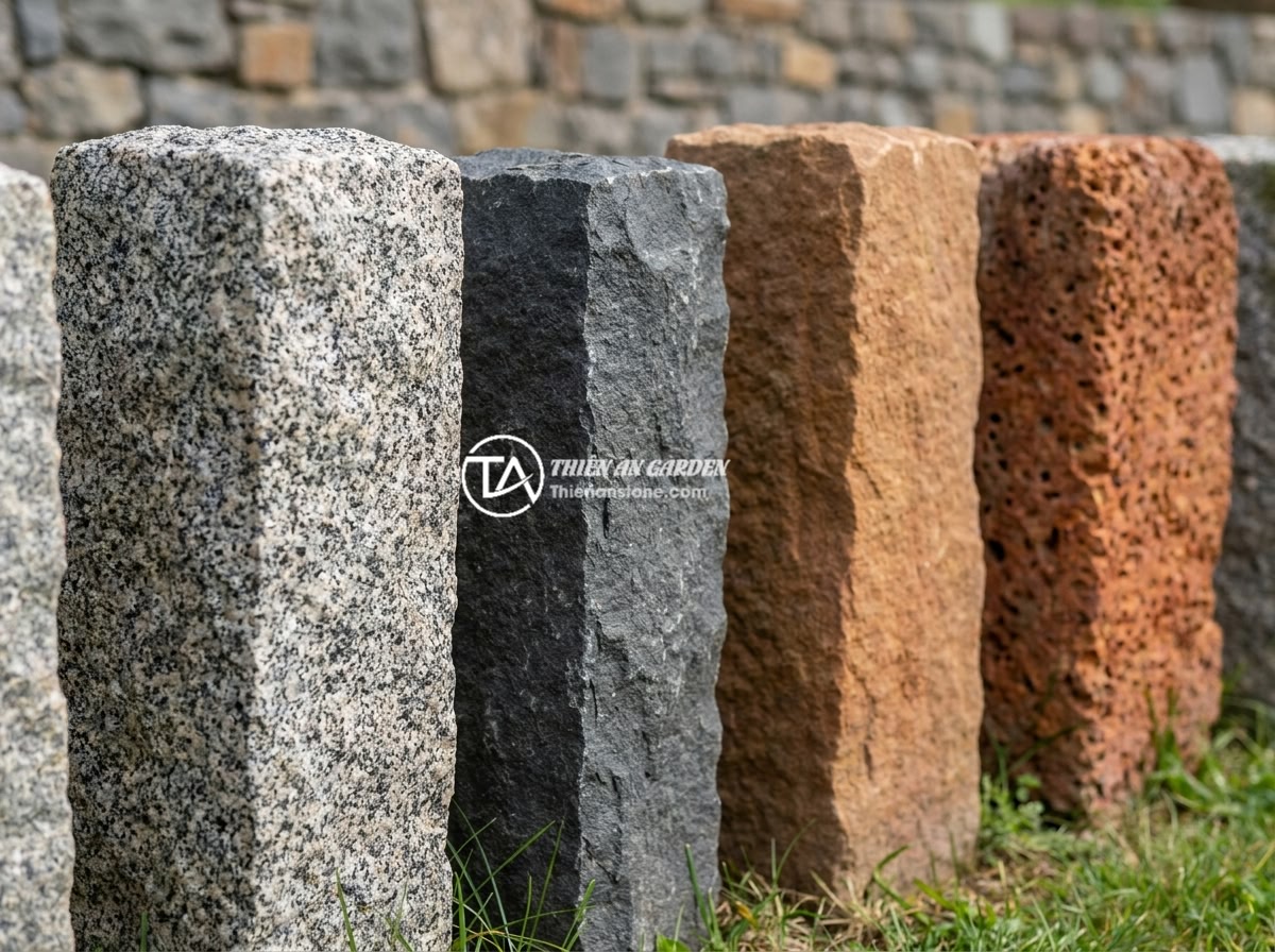 Trụ Đá Hàng Rào Kết Hợp Lưới B40: Ưu Điểm Và Bảng Giá Tham Khảo - Hình 2 Trụ Đá Hàng Rào Kết Hợp Lưới B40: Ưu Điểm Và Bảng Giá Tham Khảo - Various types of natural stone posts for fences including granite, basalt, sands