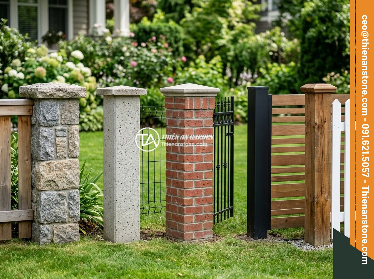 Trụ Đá Hàng Rào Là Gì? Đặc Điểm, Ưu Nhược Điểm Và Ứng Dụng Thực Tế - A detailed comparison showing different types of fence pillars side by side: nat