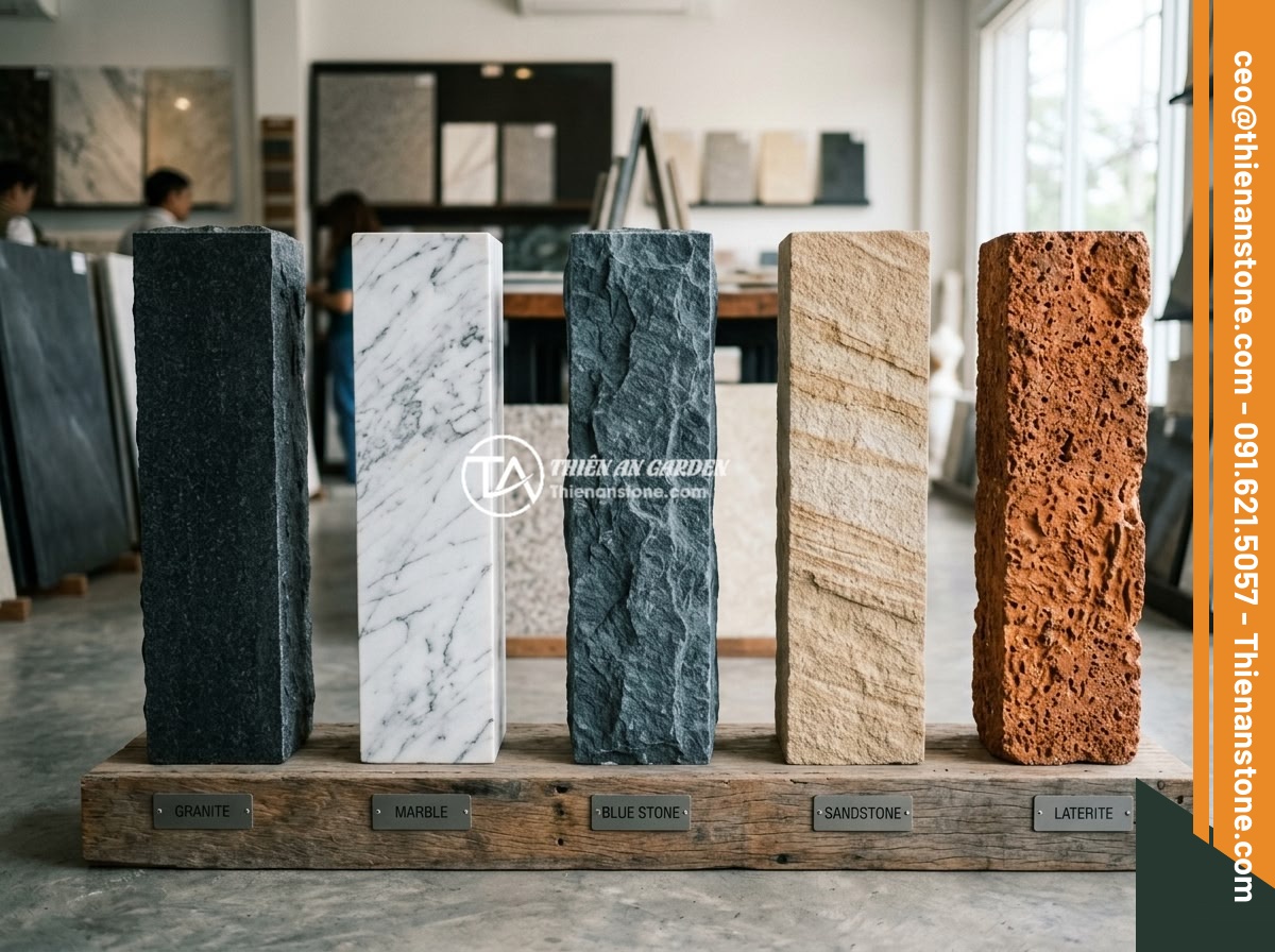 Trụ Đá Hàng Rào Là Gì? Đặc Điểm, Ưu Nhược Điểm Và Ứng Dụng Thực Tế - A collection of natural stone pillar samples including granite, marble, blue sto