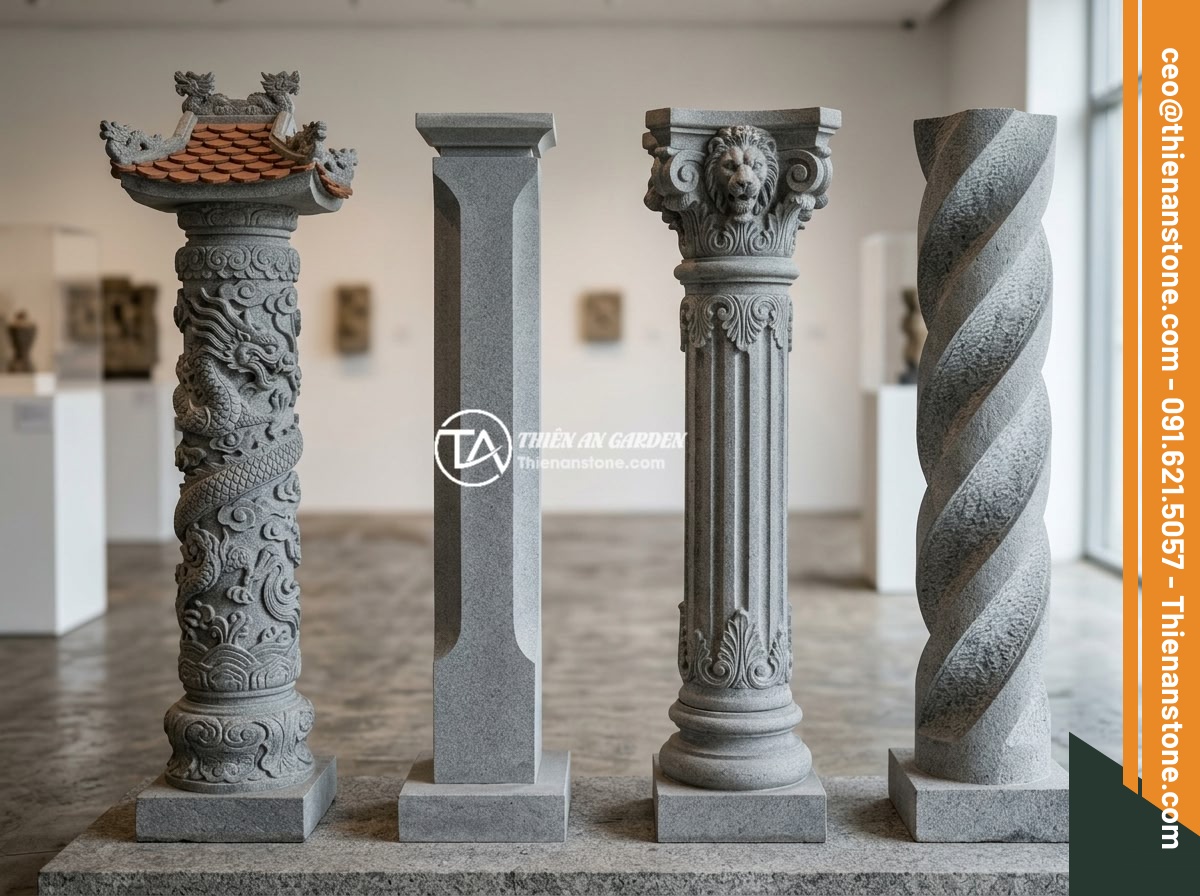 Trụ Đá Hàng Rào Là Gì? Đặc Điểm, Ưu Nhược Điểm Và Ứng Dụng Thực Tế - A gallery-style image showing four different stone fence pillar designs: traditi