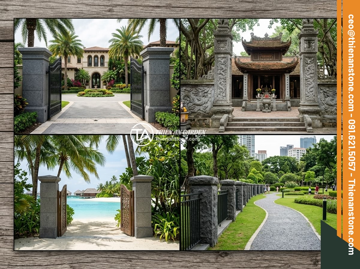 Trụ Đá Hàng Rào Là Gì? Đặc Điểm, Ưu Nhược Điểm Và Ứng Dụng Thực Tế - A collage showing stone fence pillars in different applications: luxury villa en