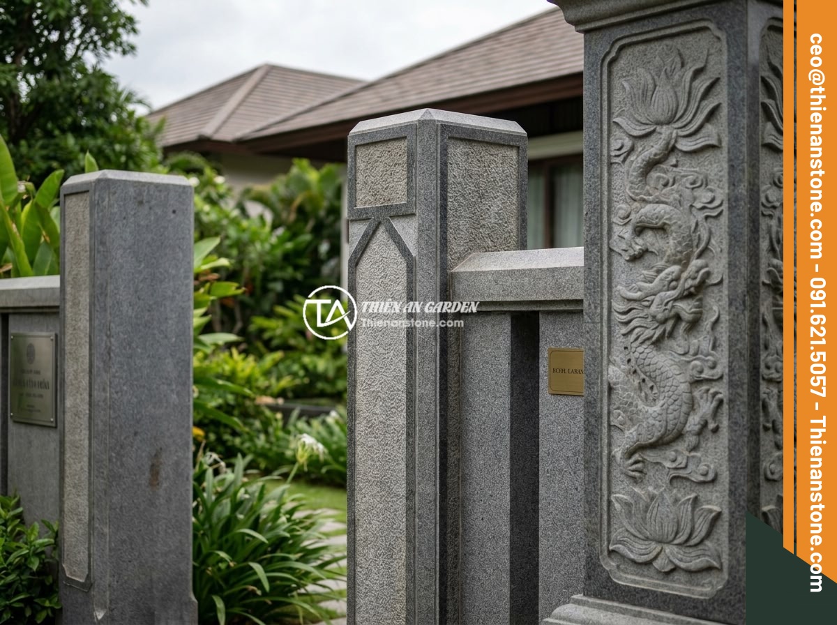 Trụ Đá Hàng Rào Phong Thủy: Cách Chọn Để Mang Lại May Mắn Tài Lộc - Luxurious Vietnamese villa with premium natural stone fence pillars showing diff