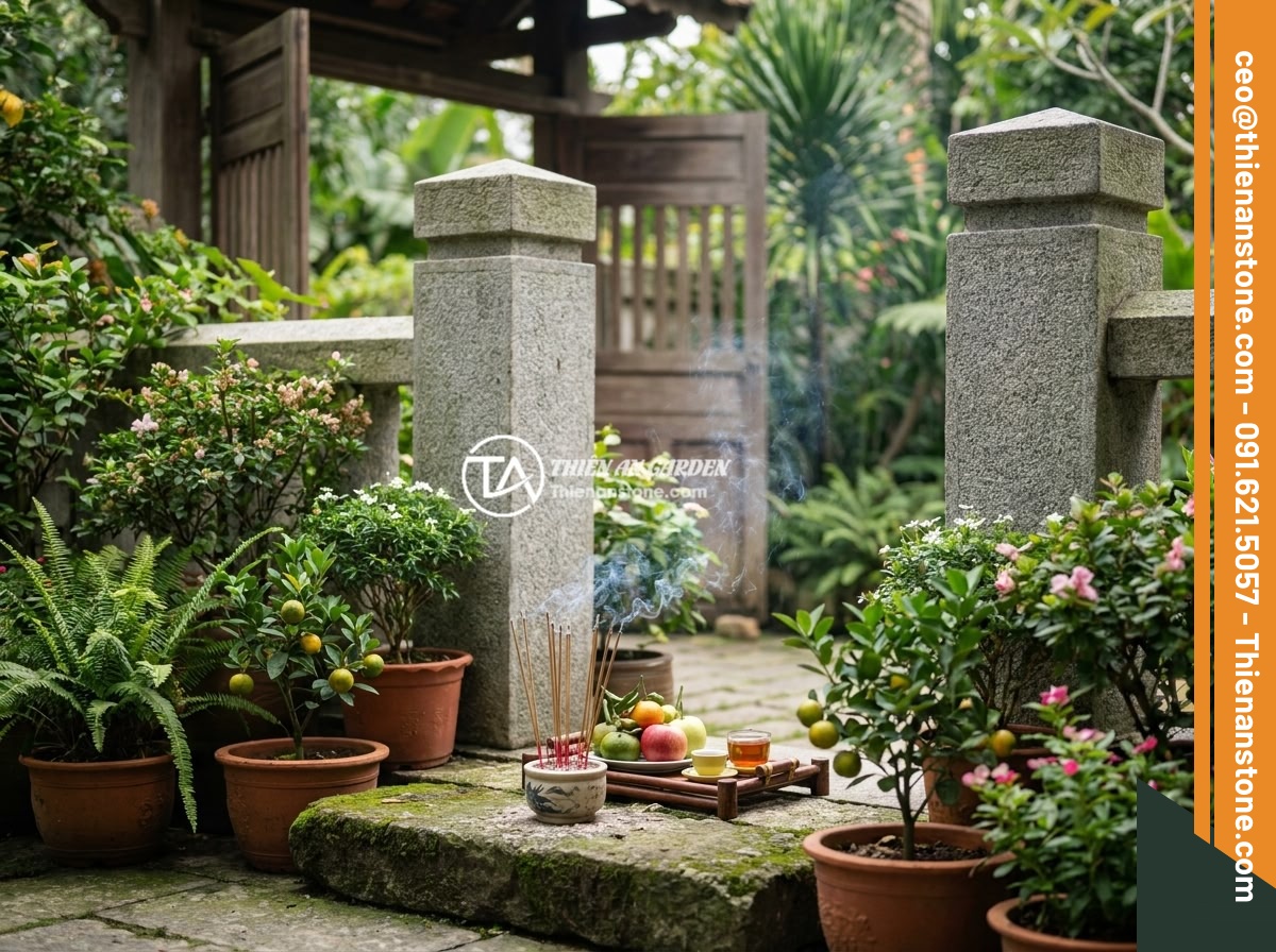 Trụ Đá Hàng Rào Phong Thủy: Cách Chọn Để Mang Lại May Mắn Tài Lộc - Well-maintained natural stone fence pillars with green plants and flower pots at