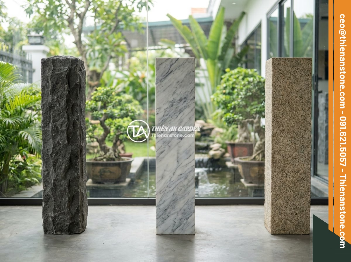 Trụ Đá Hàng Rào Phong Thủy: Cách Chọn Để Mang Lại May Mắn Tài Lộc - Various types of natural stone fence pillars including granite, marble and basal