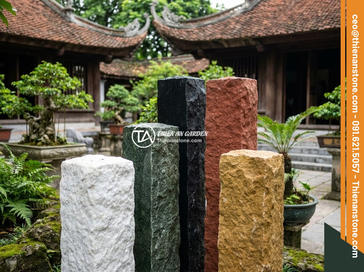 Trụ Đá Hàng Rào Phong Thủy: Cách Chọn Để Mang Lại May Mắn Tài Lộc - Colorful feng shui stone pillars in five elemental colors - white, green, black,
