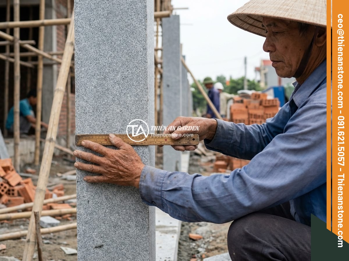 Trụ Đá Hàng Rào Phong Thủy: Cách Chọn Để Mang Lại May Mắn Tài Lộc - A craftsman using traditional Feng Shui Lu Ban ruler to measure natural stone fe