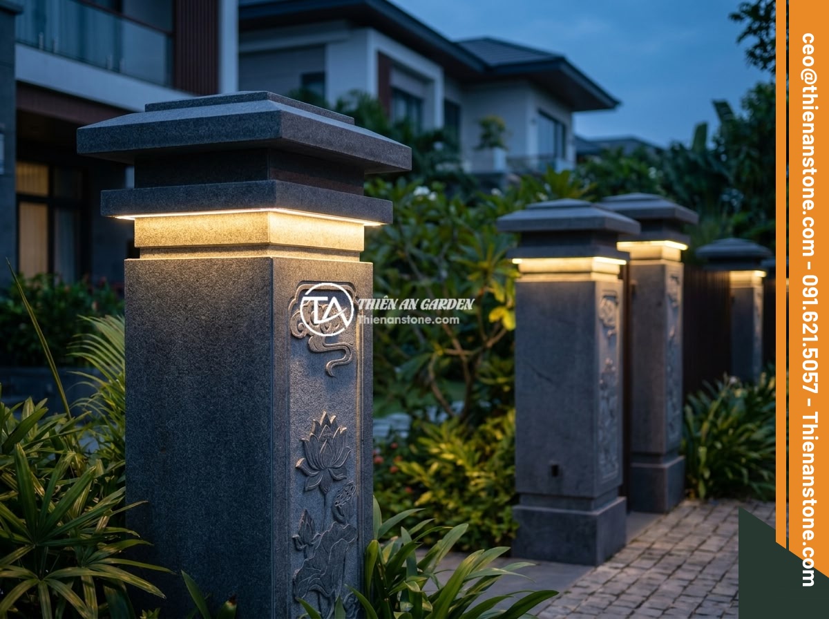 Trụ Đá Hàng Rào Phong Thủy: Cách Chọn Để Mang Lại May Mắn Tài Lộc - Beautiful modern and classical Vietnamese stone fence pillar designs with decora