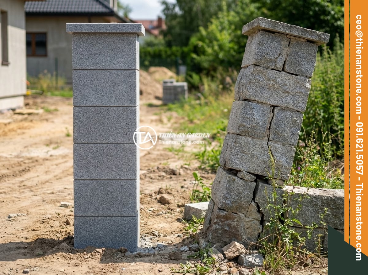 Trụ Đá Hàng Rào Phong Thủy: Cách Chọn Để Mang Lại May Mắn Tài Lộc - Comparison showing a perfectly straight stone fence pillar beside a tilted damag