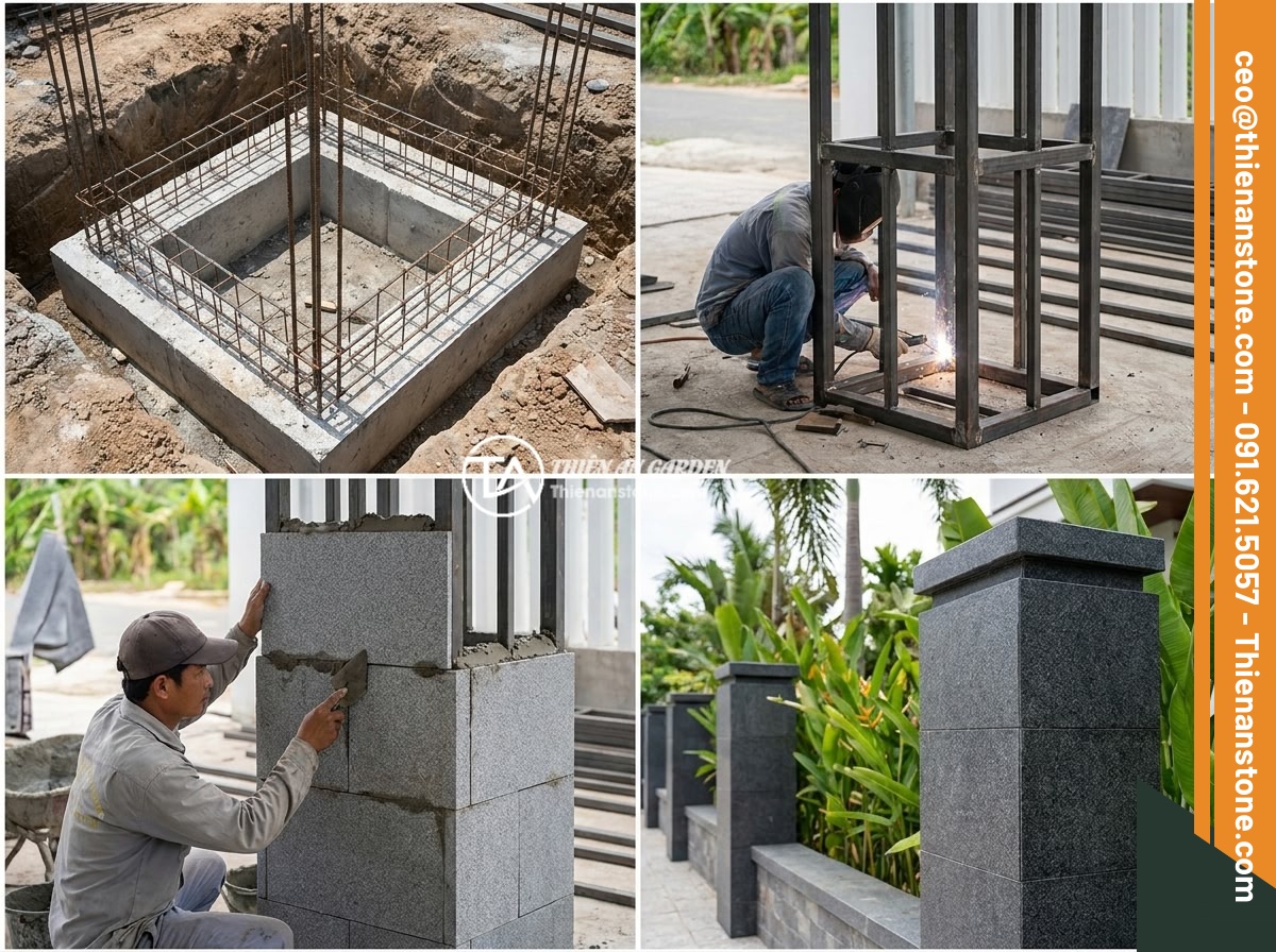 Trụ Đá Hàng Rào Phong Thủy: Cách Chọn Để Mang Lại May Mắn Tài Lộc - Step-by-step construction process of natural stone fence pillars showing foundat
