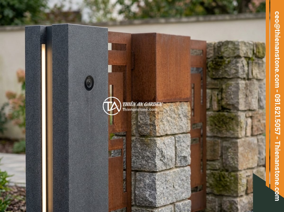 Trụ Đá Hàng Rào Trong Thiết Kế Sân Vườn Đá Cảnh: Ứng Dụng Thực Tế - Modern stone fence pillar designs for 2025: a smart pillar with integrated LED l