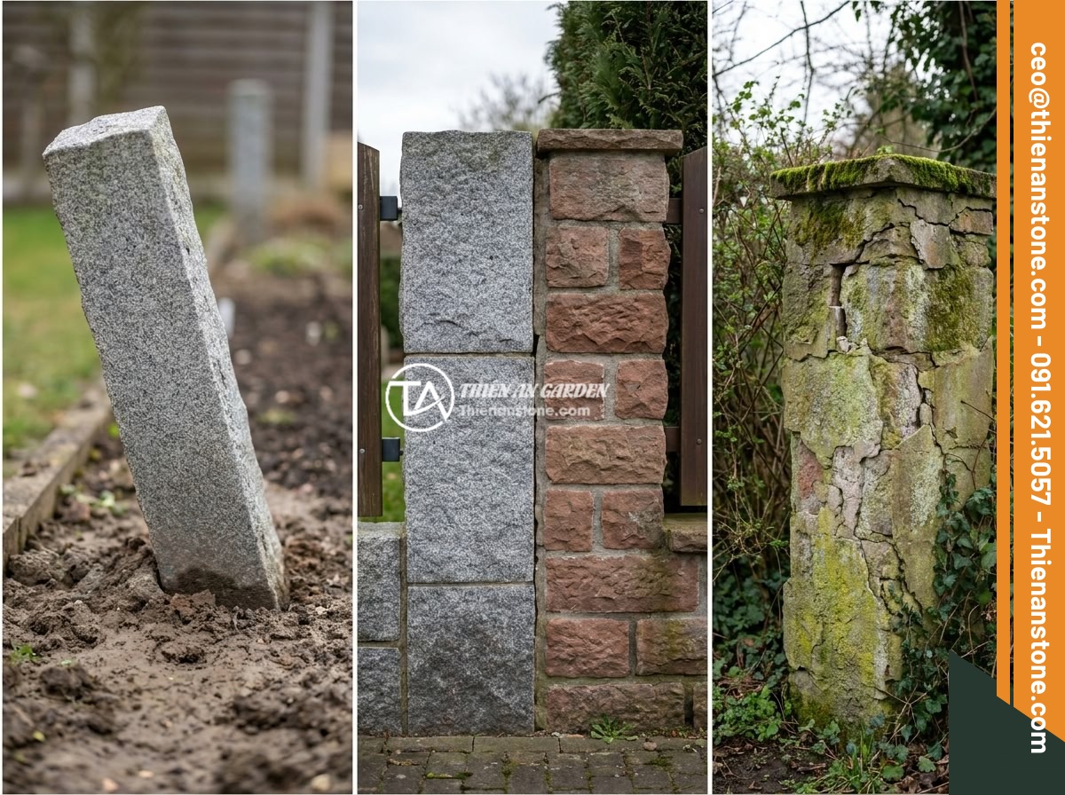 Trụ Đá Hàng Rào Trong Thiết Kế Sân Vườn Đá Cảnh: Ứng Dụng Thực Tế - Common mistakes in stone fence pillar installation: a tilted pillar due to poor 