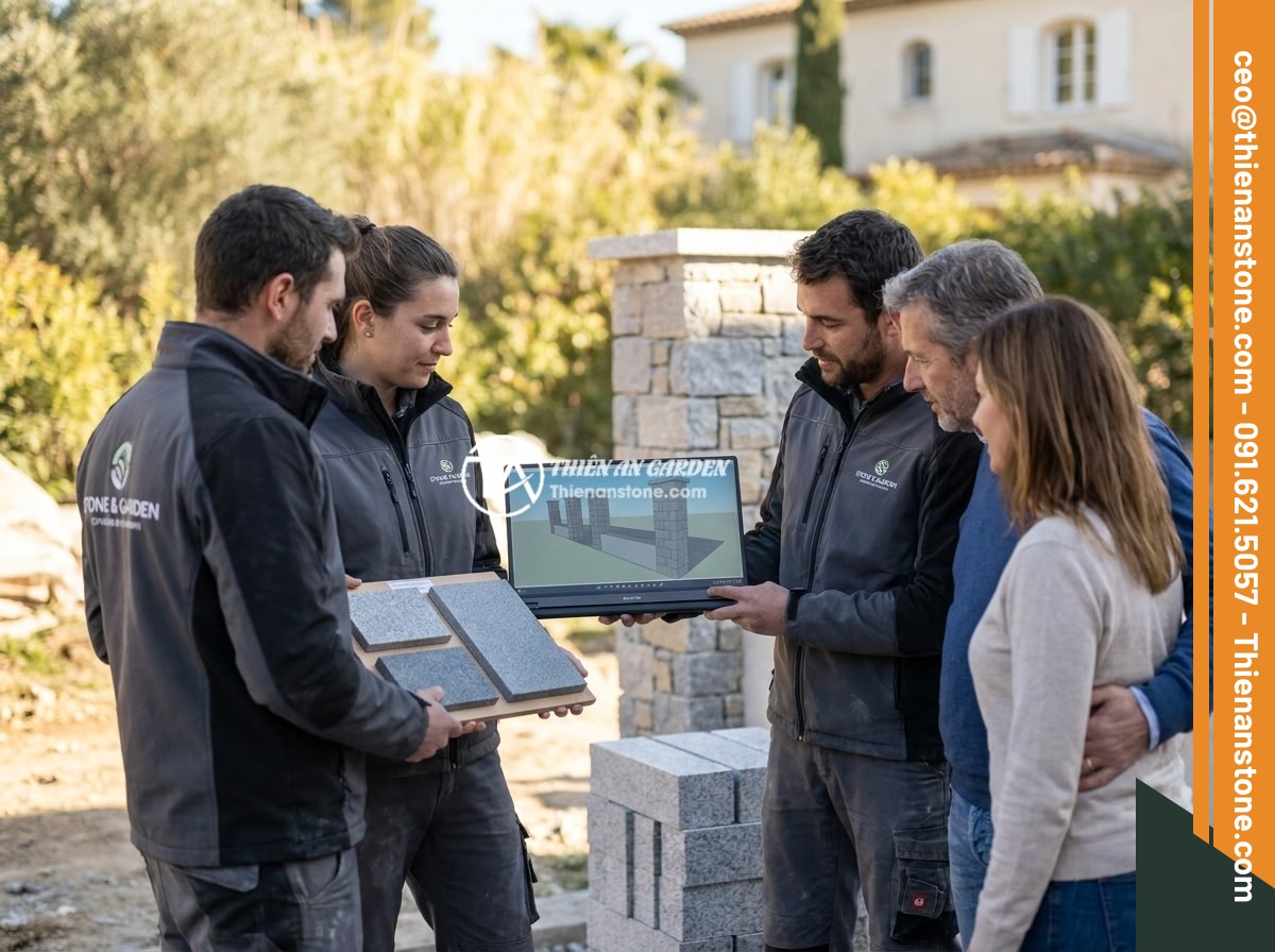 Trụ Đá Hàng Rào Trong Thiết Kế Sân Vườn Đá Cảnh: Ứng Dụng Thực Tế - A professional landscape design team from a stone company consulting with homeow