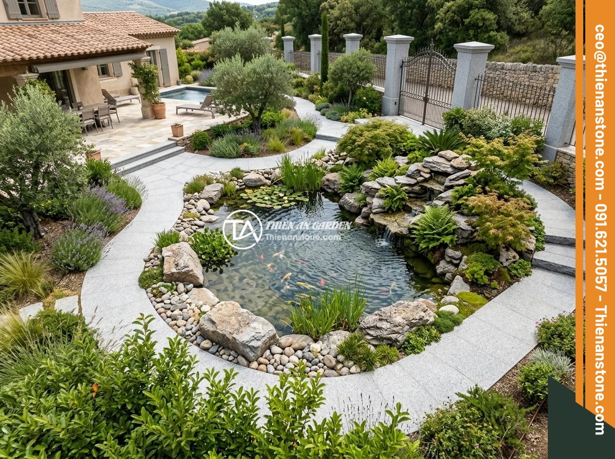 Trụ Đá Hàng Rào Trong Thiết Kế Sân Vườn Đá Cảnh: Ứng Dụng Thực Tế - Aerial view of a luxury villa garden showing how stone fence pillars visually co