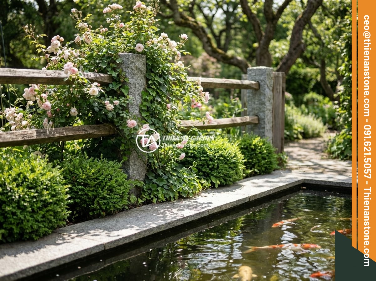 Trụ Đá Hàng Rào Trong Thiết Kế Sân Vườn Đá Cảnh: Ứng Dụng Thực Tế - A beautifully designed garden fence with stone pillars surrounded by climbing pl