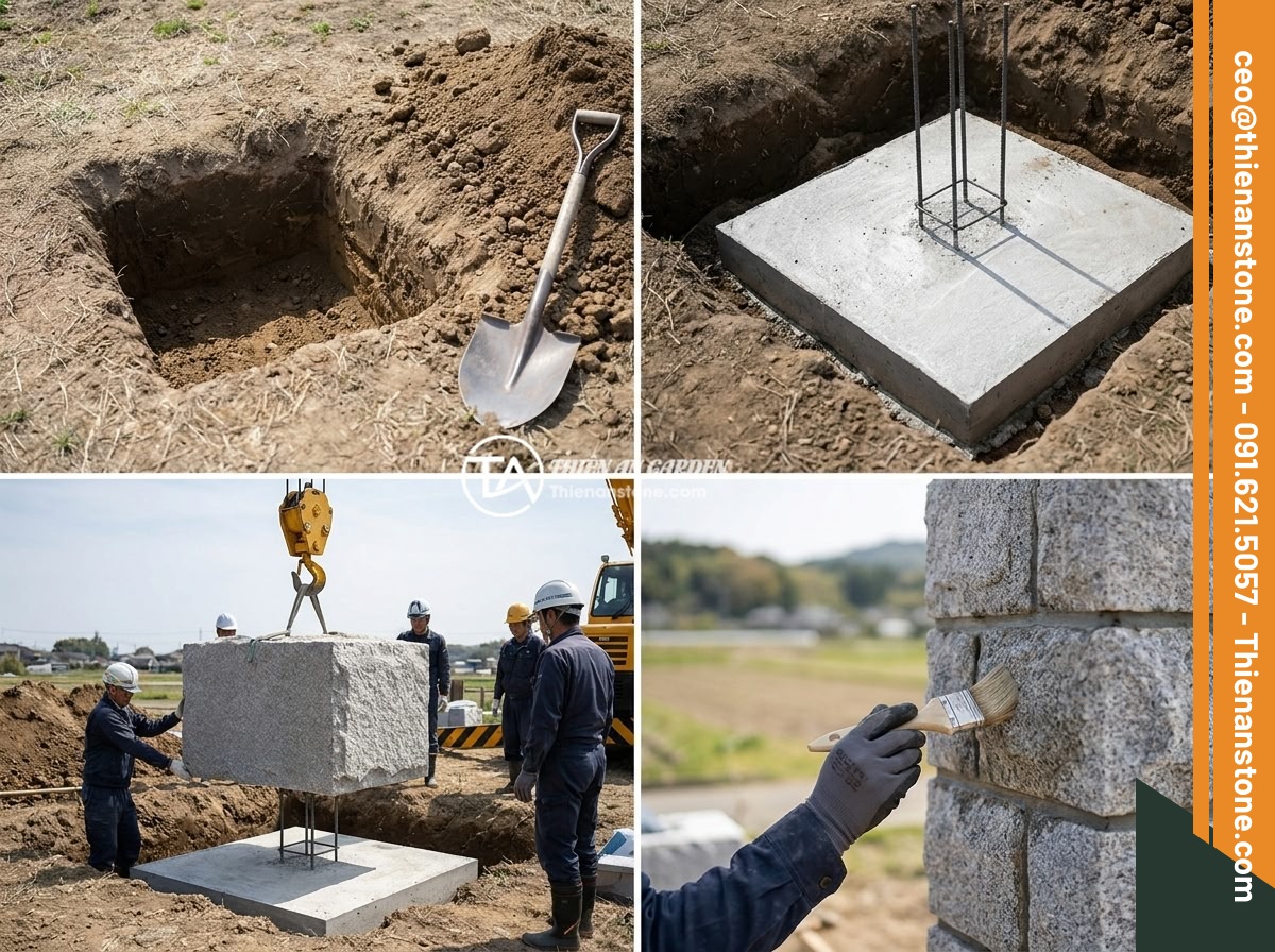 Trụ Đá Hàng Rào Trong Thiết Kế Sân Vườn Đá Cảnh: Ứng Dụng Thực Tế - Step-by-step construction process of a stone fence pillar: foundation excavation
