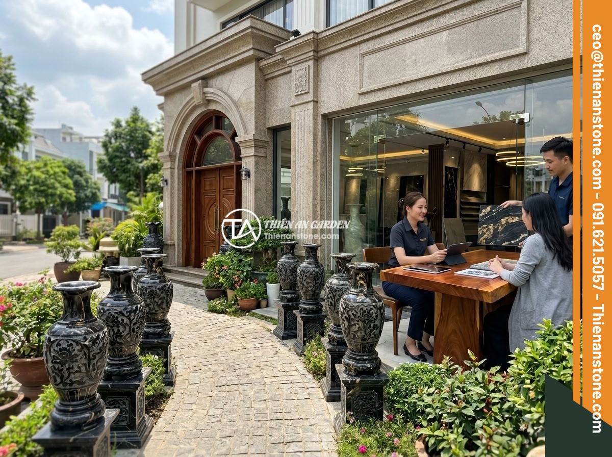 Ứng Dụng Lục Bình Đá Trong Tiểu Cảnh Non Bộ, Hồ Cá Koi & Sân Vườn Phong Thủy - Hình 12 Ứng Dụng Lục Bình Đá Trong Tiểu Cảnh Non Bộ, Hồ Cá Koi & Sân Vườn Phong Thủy - The Thien An Stone showroom exterior featuring multiple pairs of beautifully car