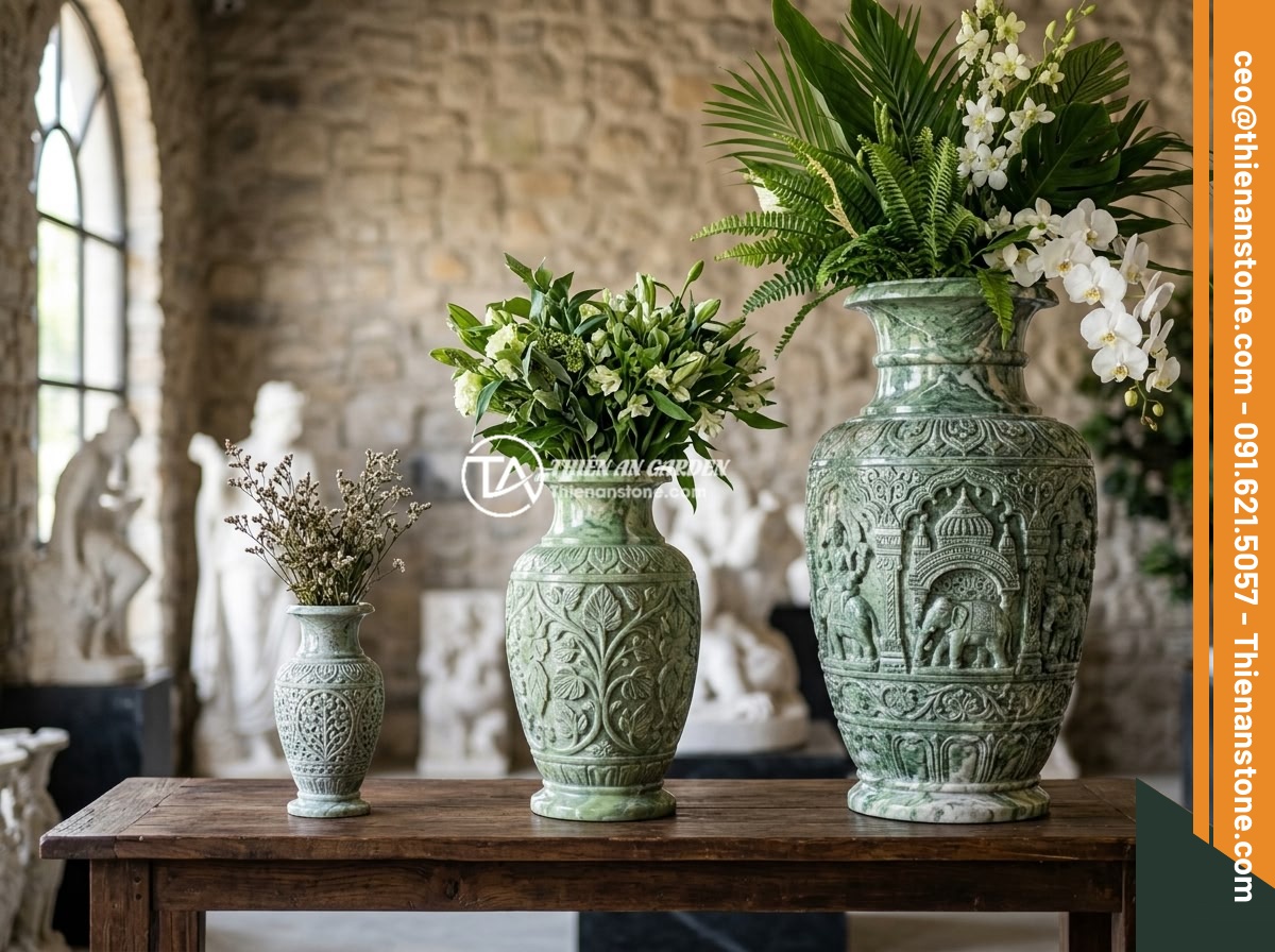Ứng Dụng Lục Bình Đá Trong Tiểu Cảnh Non Bộ, Hồ Cá Koi & Sân Vườn Phong Thủy - Hình 2 Ứng Dụng Lục Bình Đá Trong Tiểu Cảnh Non Bộ, Hồ Cá Koi & Sân Vườn Phong Thủy - Three different sizes of stone vases displayed in a showroom, showing small orna