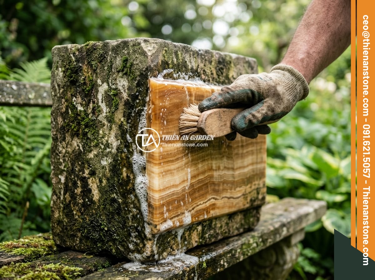 Ứng Dụng Lục Bình Đá Trong Tiểu Cảnh Non Bộ, Hồ Cá Koi & Sân Vườn Phong Thủy - Hình 8 Ứng Dụng Lục Bình Đá Trong Tiểu Cảnh Non Bộ, Hồ Cá Koi & Sân Vườn Phong Thủy - A close-up view of a weathered stone vase being carefully cleaned and maintained