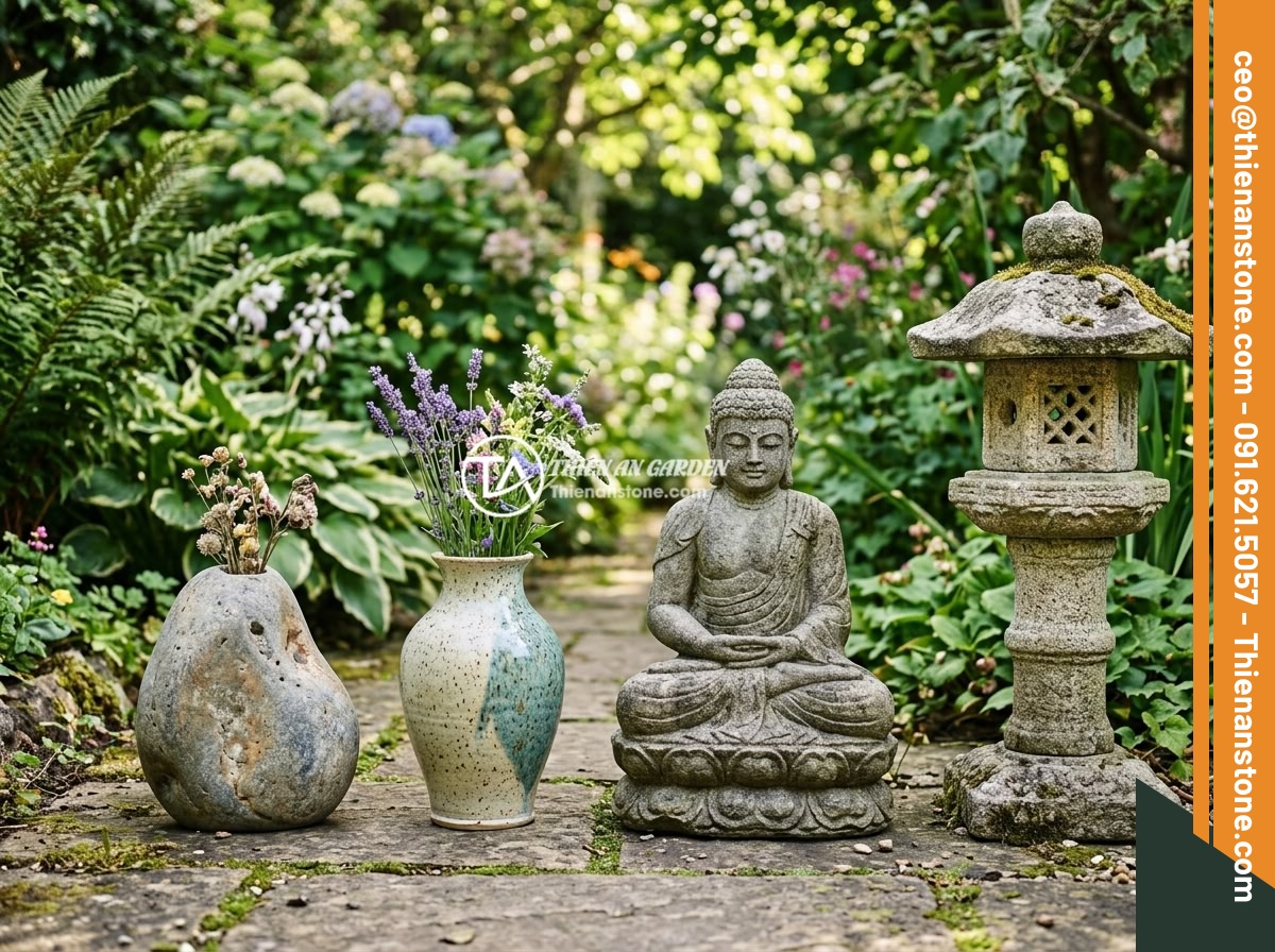 Ứng Dụng Lục Bình Đá Trong Tiểu Cảnh Non Bộ, Hồ Cá Koi & Sân Vườn Phong Thủy - Hình 9 Ứng Dụng Lục Bình Đá Trong Tiểu Cảnh Non Bộ, Hồ Cá Koi & Sân Vườn Phong Thủy - A side-by-side comparison display showing a natural stone vase, a ceramic vase,