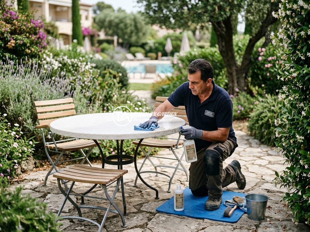 Ứng Dụng Sập Đá Trong Resort Khách Sạn Không Gian Sân Vườn Cao Cấp - A resort maintenance worker carefully cleaning and polishing a stone table set i