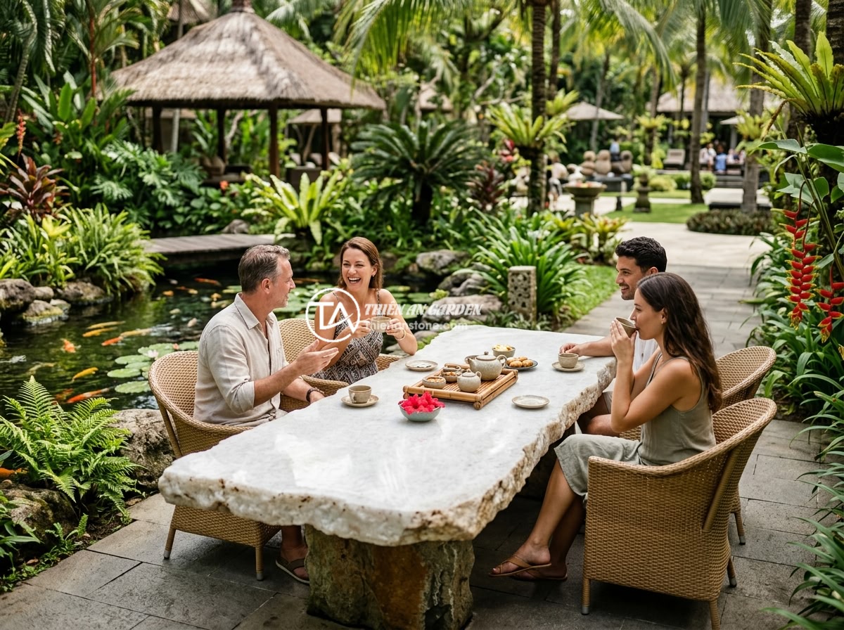 Ứng Dụng Sập Đá Trong Resort Khách Sạn Không Gian Sân Vườn Cao Cấp - Tourists enjoying tea on a large stone slab table set in a tropical resort garde