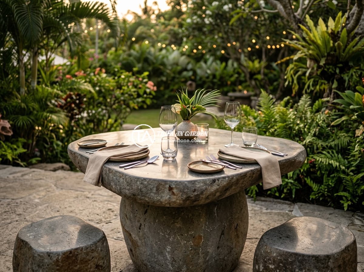 Ứng Dụng Sập Đá Trong Resort Khách Sạn Không Gian Sân Vườn Cao Cấp - A premium stone table set placed in an outdoor restaurant area of a luxury resor